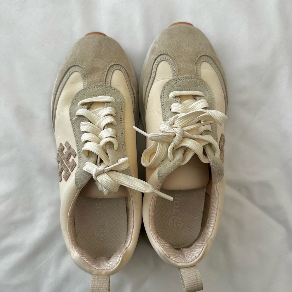 Tory Burch Taupe and Ivory Sneakers
